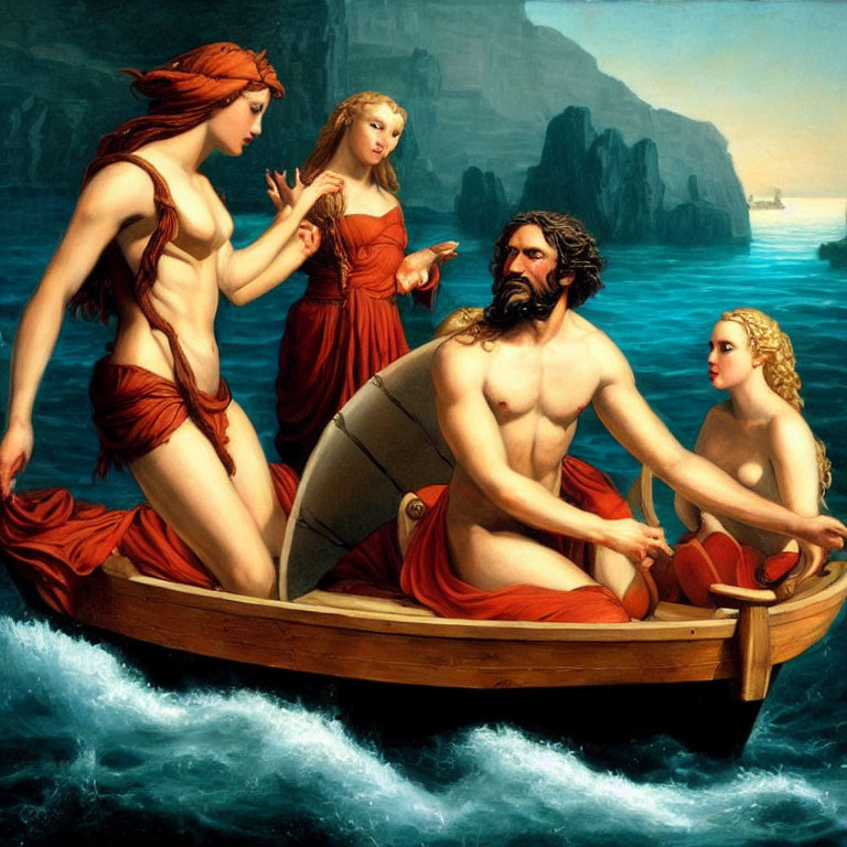 Classical painting of bearded man in boat with three women in red by the sea