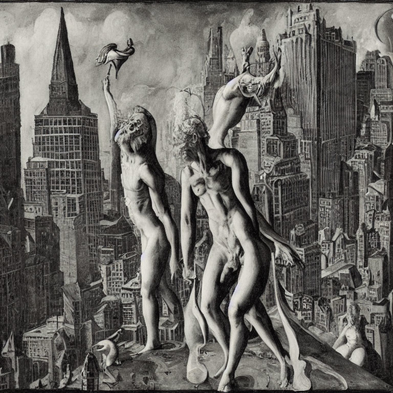 Surreal black and white artwork: Giant human figures in cityscape