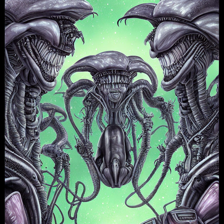 Elongated-headed Xenomorphs with sharp teeth in green space - Illustration