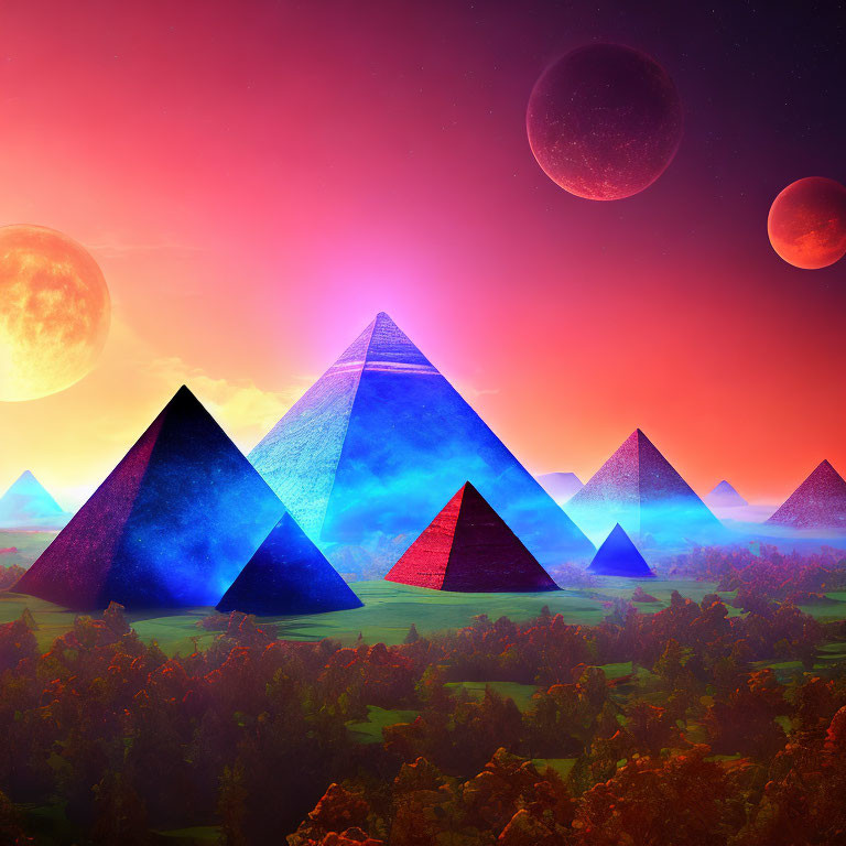Colorful artwork: Pyramids under fantastical sky with multiple moons in dream-like landscape at sunset