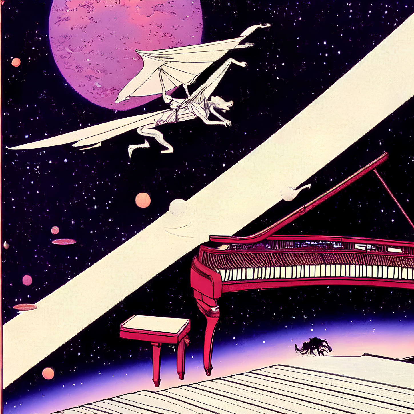 Winged creature flying over space piano with pink planet and stars