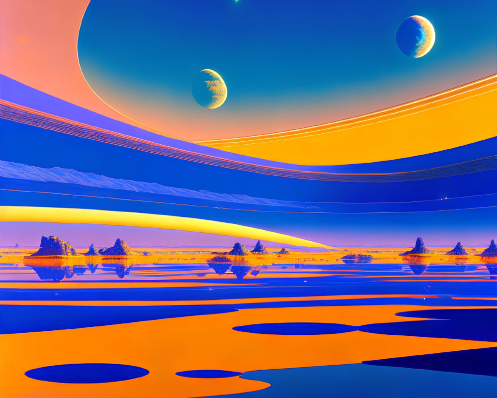 Colorful sci-fi landscape with orange and blue hues, reflective water bodies, ringed planets, and