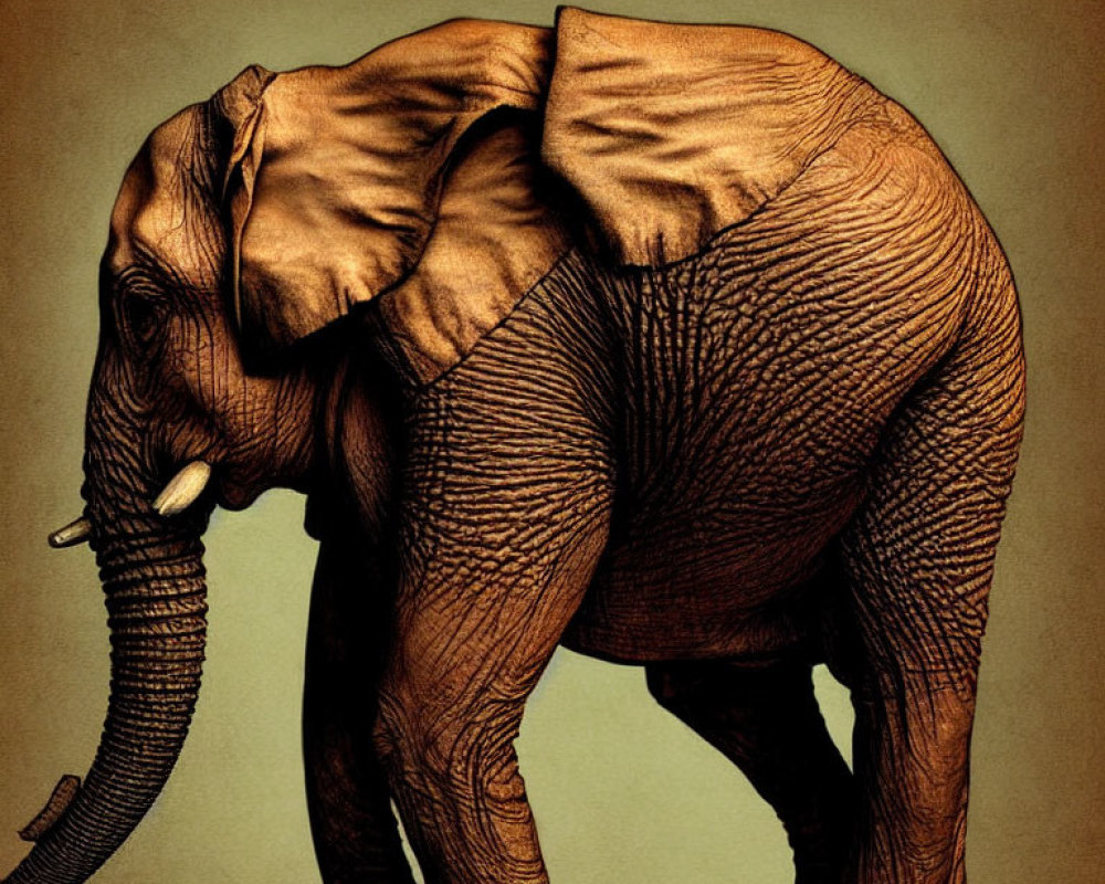 Detailed textured sepia-tone elephant illustration with skin wrinkles and folds.