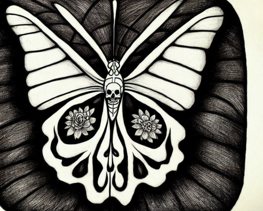 Detailed black and white butterfly sketch with skull pattern and floral designs.