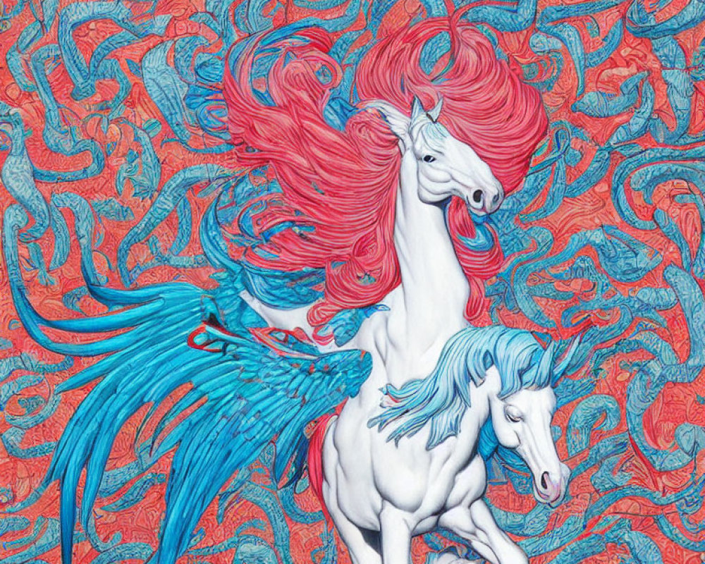 Vibrant red-maned winged unicorn with smaller unicorn in intricate blue patterns