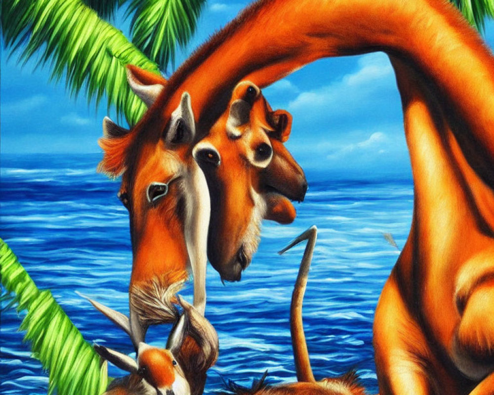 Surreal image: Giraffes with intertwined necks, blue sea, palm fronds in