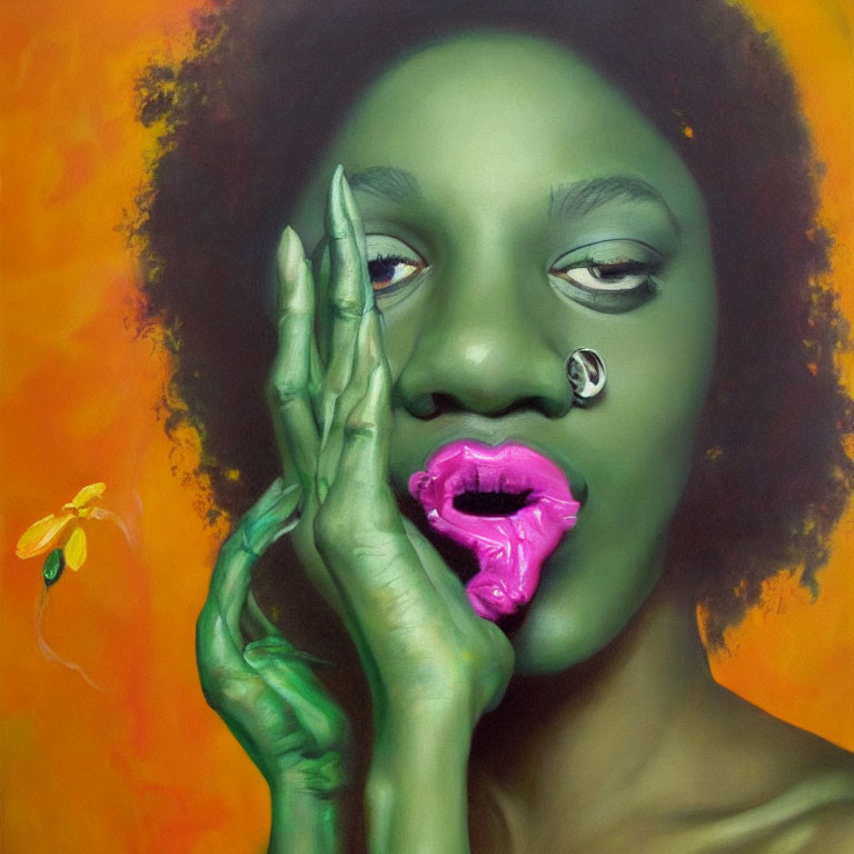 Portrait of a person with green fingers, pink lipstick, nose ring, and yellow flower