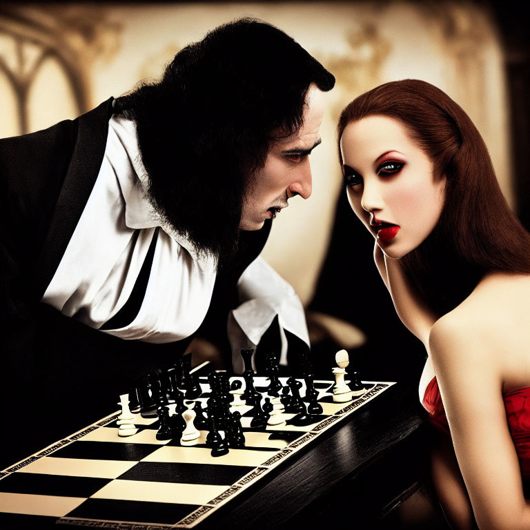 Gothic vampires playing chess in dramatic setting
