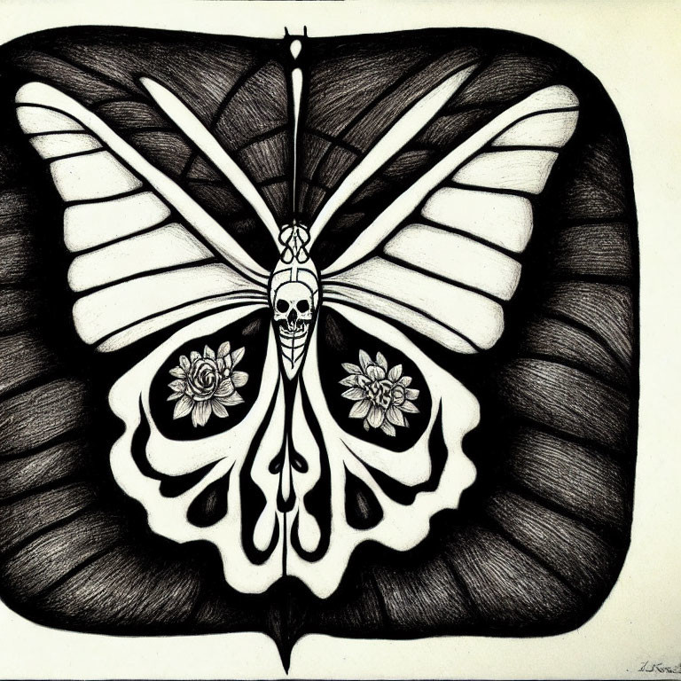 Detailed black and white butterfly sketch with skull pattern and floral designs.