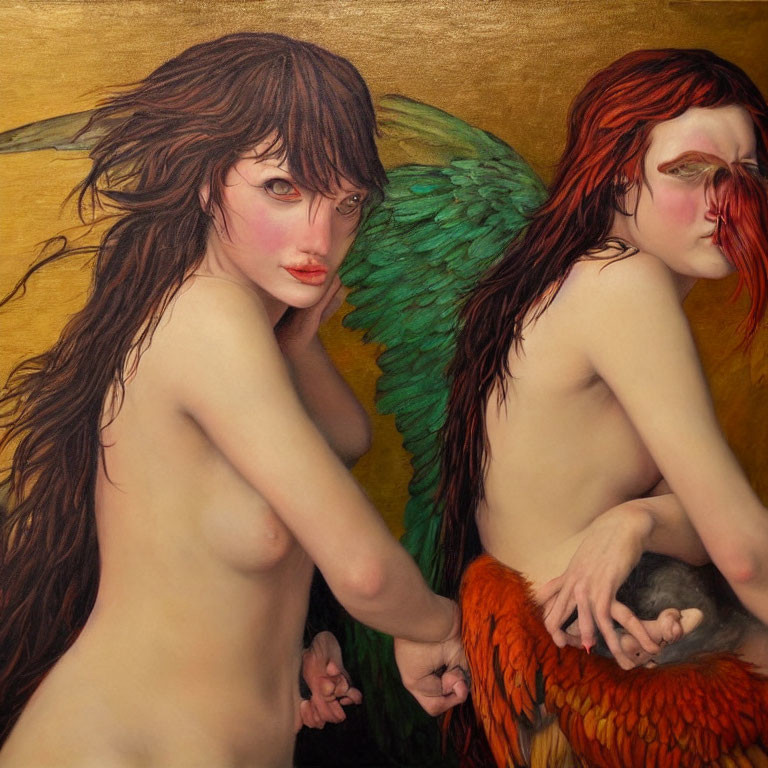 Two Women with Green and Orange Angelic Wings in Intimate Painterly Style
