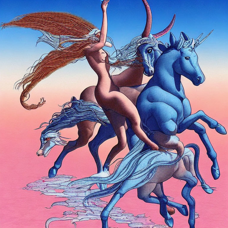 Woman riding bareback on galloping unicorns in pink landscape