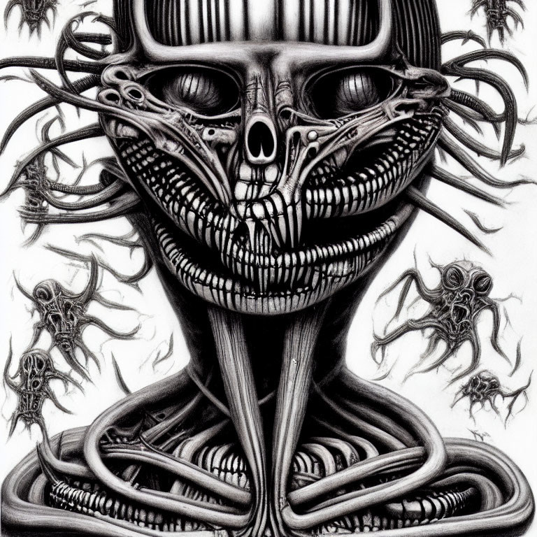 Monochrome surreal artwork of skull with spine, sinewy structures, & skull-faced octopus creatures