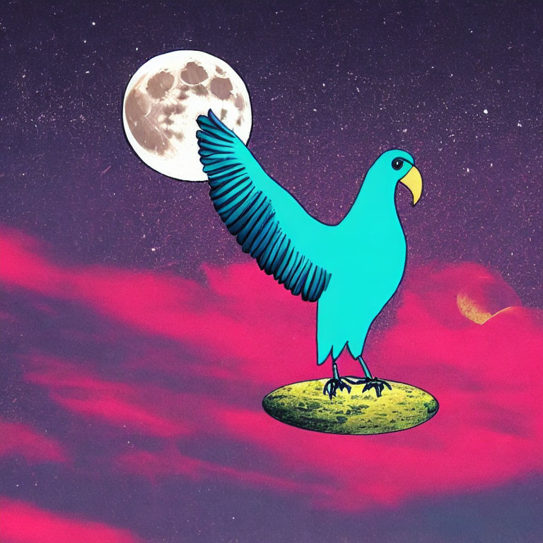 Stylized blue bird on green patch with full moon and pink clouds
