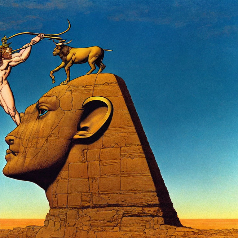 Illustration of bull on sphinx statue with male figure and sword under blue sky