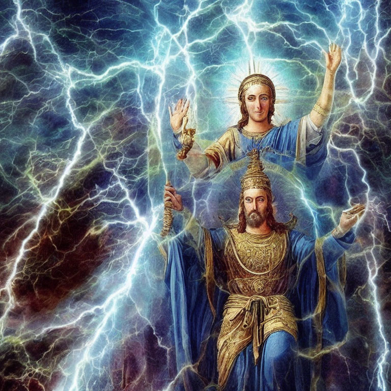 Regal figures with crown and outstretched arms in vibrant lightning