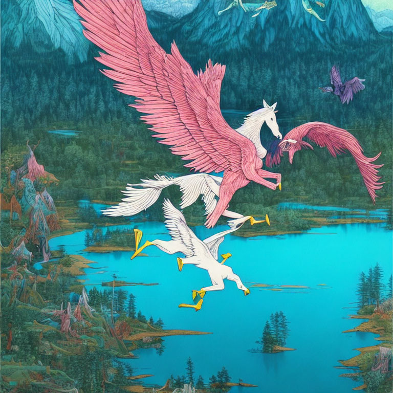 Fantastical pink and white birds flying over turquoise lake and mountain landscape
