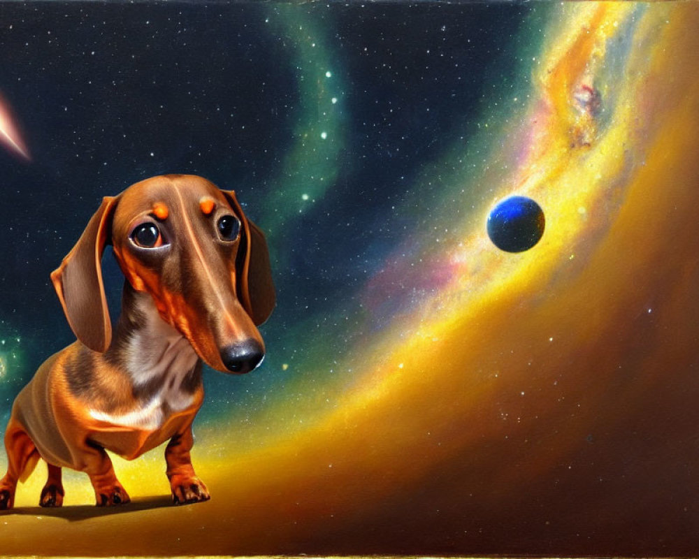 Dachshund in space with comet and celestial bodies