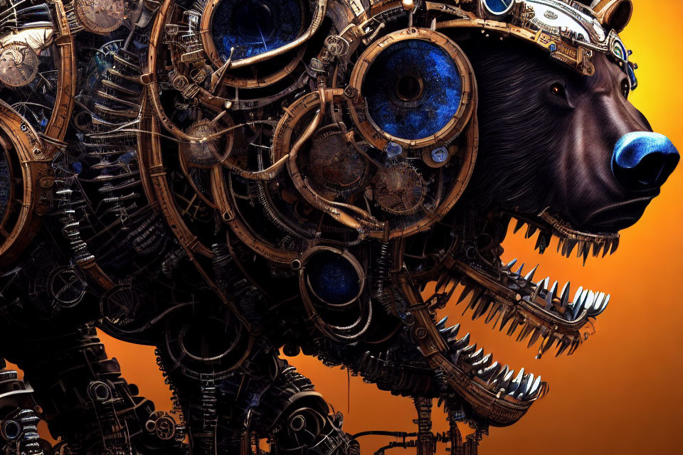 Detailed Mechanical Bear Sculpture with Gears on Orange Background