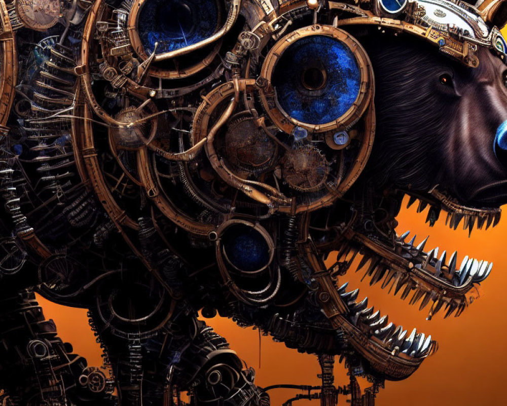 Detailed Mechanical Bear Sculpture with Gears on Orange Background