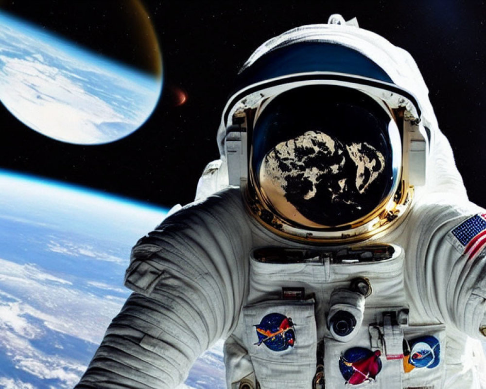 Astronaut in space suit with Earth reflection, distant planet in backdrop