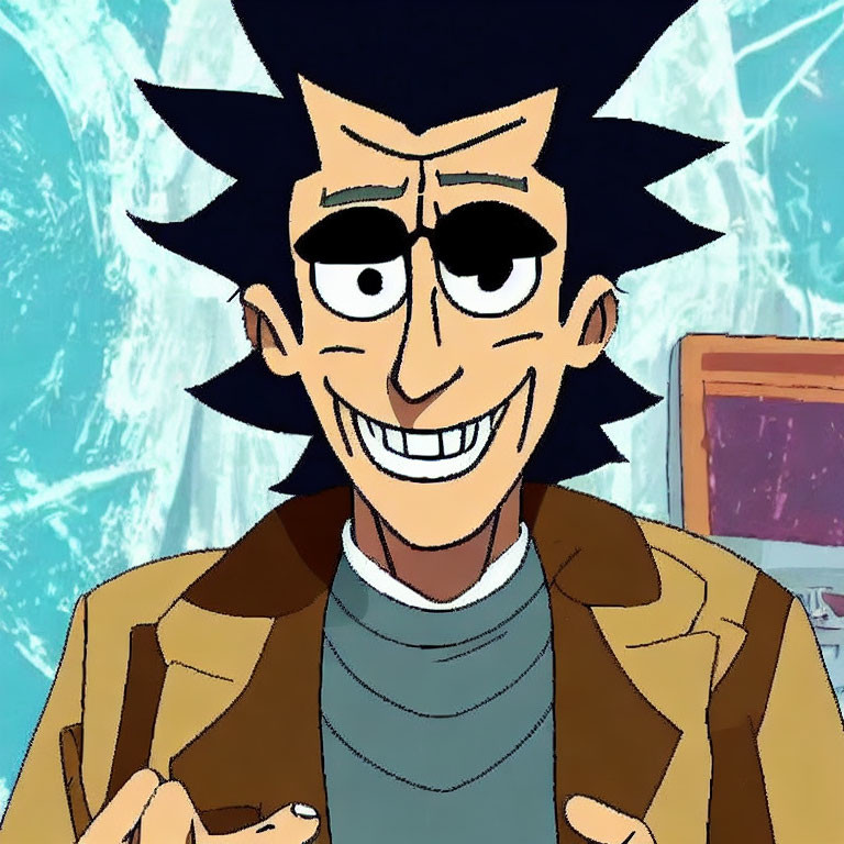 Spiky Black Hair Animated Character in Sunglasses with Brown Jacket