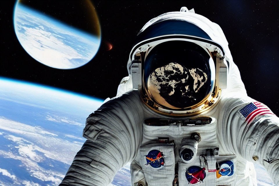 Astronaut in space suit with Earth reflection, distant planet in backdrop