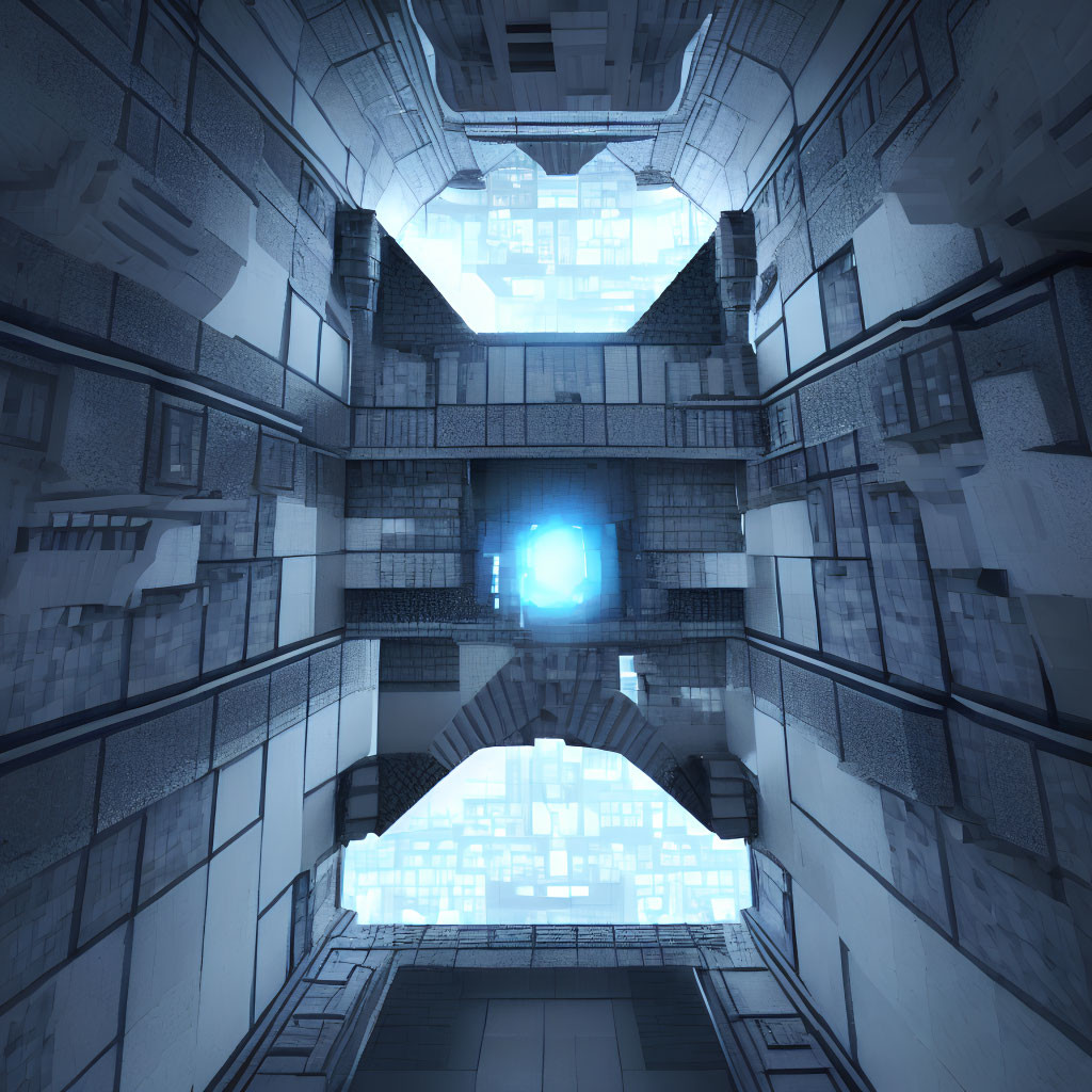 Symmetrical View Inside Futuristic Blue-lit Structure