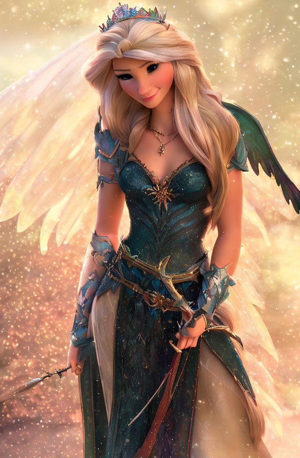 Fantasy illustration of woman with angelic wings in teal and gold dress holding wand.
