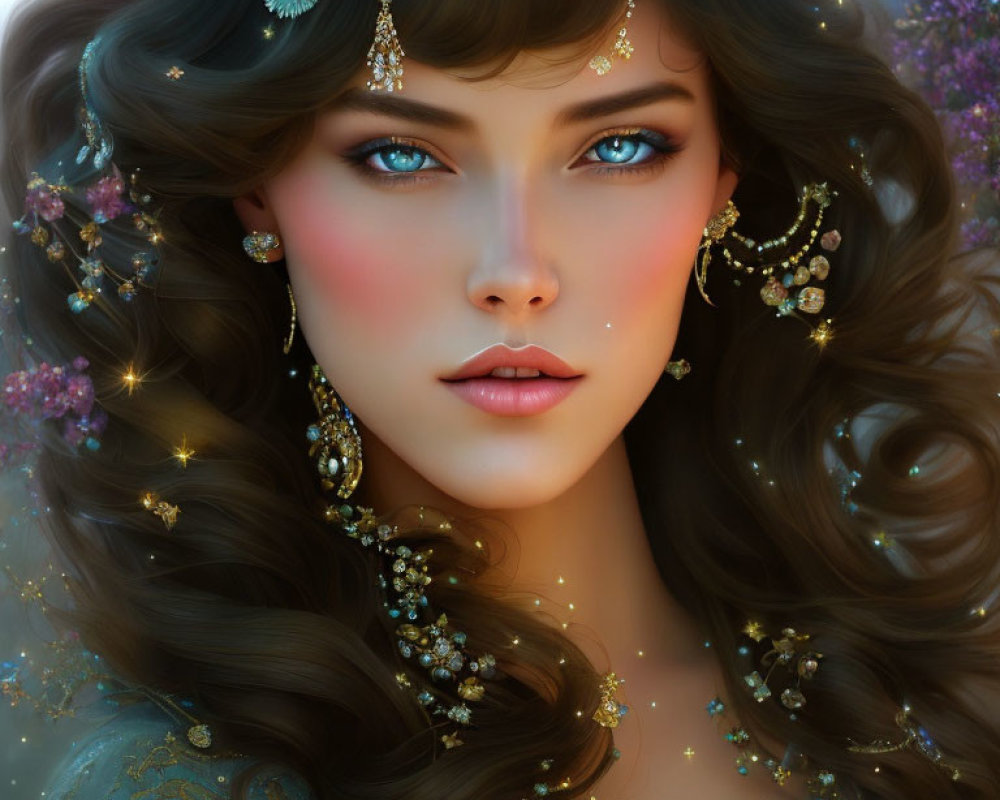 Woman in ornate gold jewelry with sparkling blue eyes in digital art