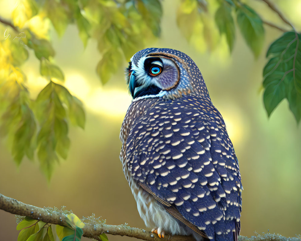 Spotted owl with blue eyes perched on branch amidst green leaves