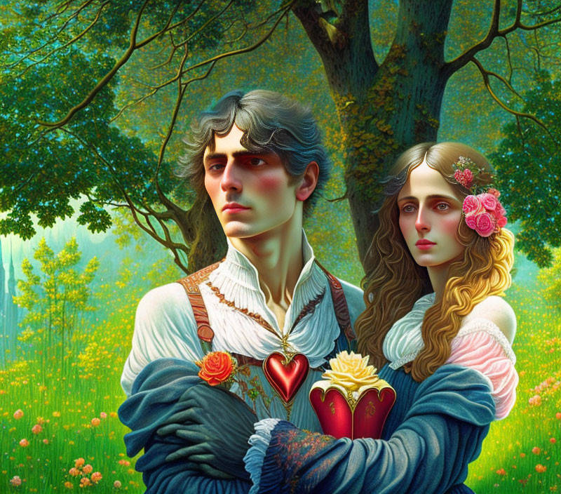 Illustration of man and woman in historical attire with heart symbolism in forest.