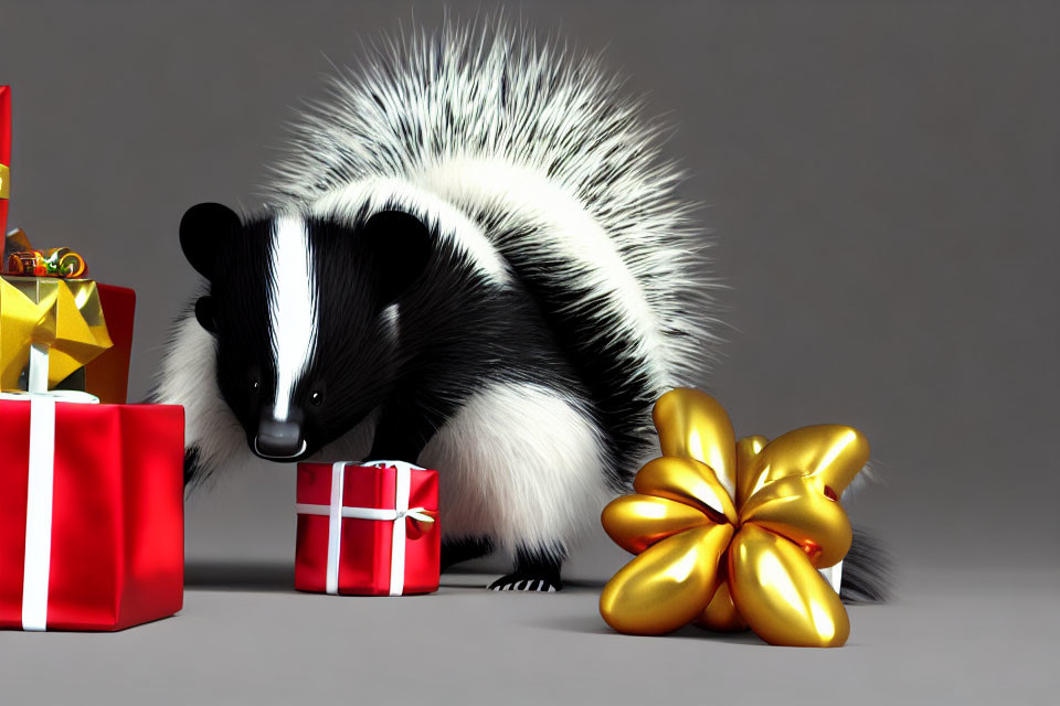 Skunk exploring red gift boxes with golden ribbons on gray background