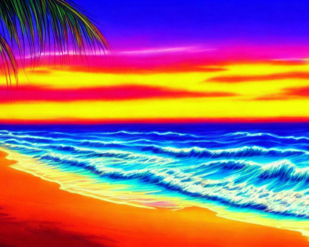 Colorful digital art: Beach sunset with blue waves and multicolored sky