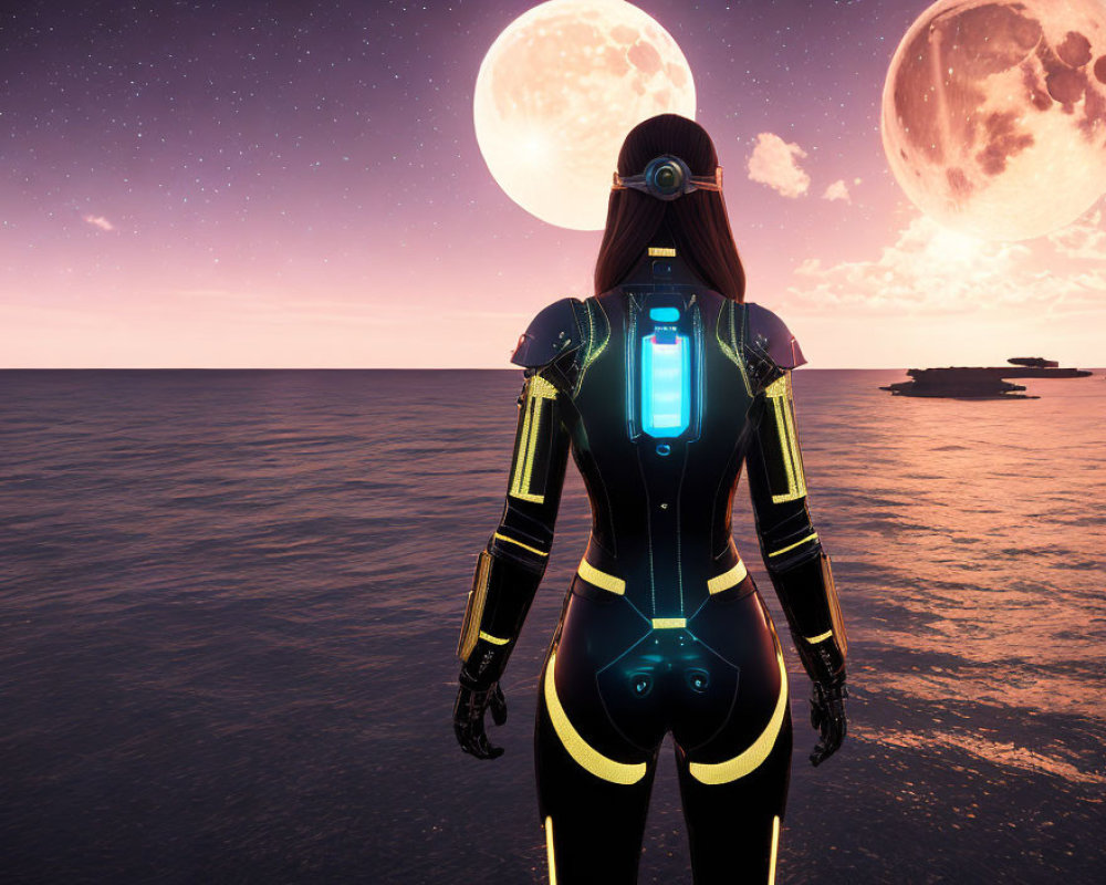 Futuristic figure by ocean with two moons at sunset