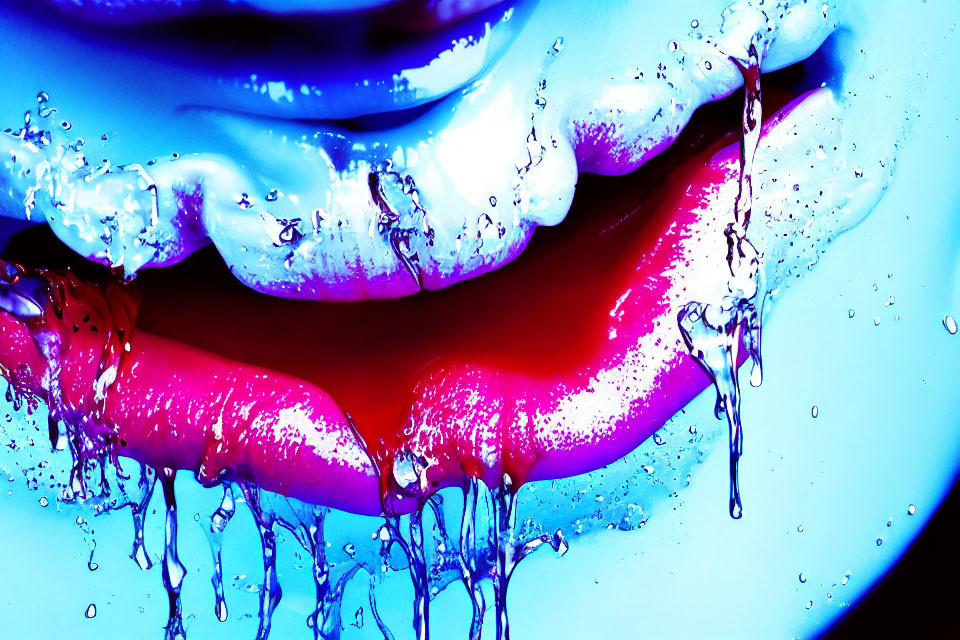 Vibrant pink and blue glossy lips with water splashes