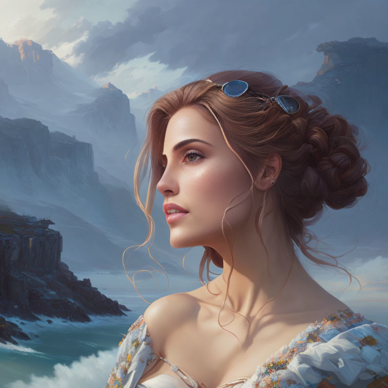Portrait of elegant woman with serene expression, intricate updo, circlet, dramatic cliffside, ocean
