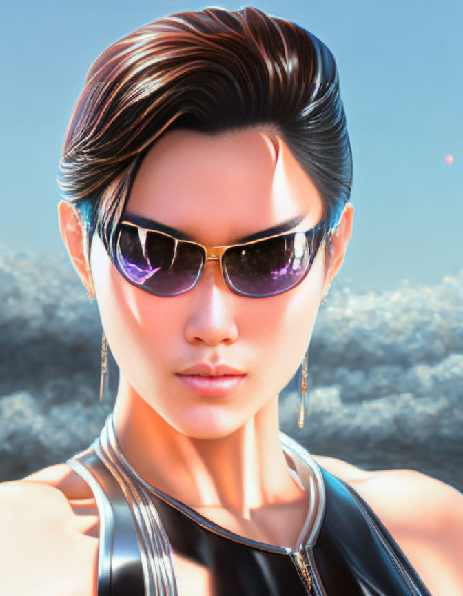 Digital Artwork: Woman with Short Hair, Sunglasses, and Earrings in Cloudy Blue Sky