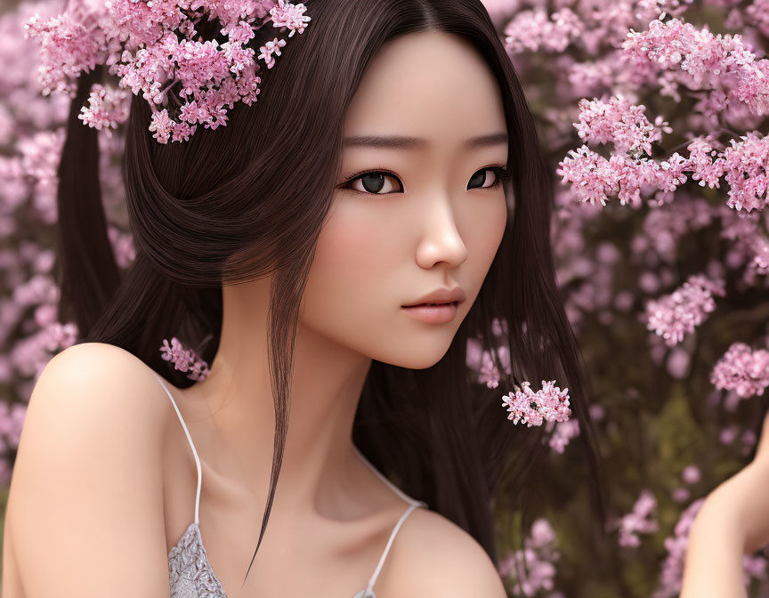 Digital artwork: Woman with delicate features and pink flowers in serene spring scene