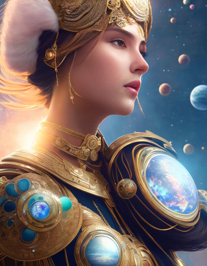 Digital art portrait of woman in golden headdress and armor with glowing orbs, cosmic backdrop.
