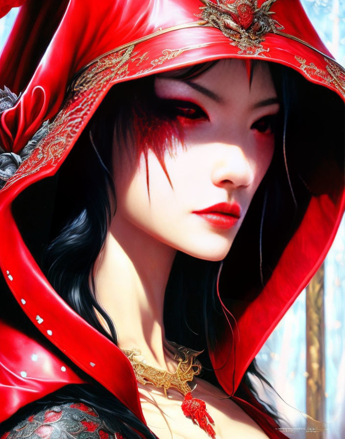 Pale-skinned woman in red cloak with gold details and eye makeup