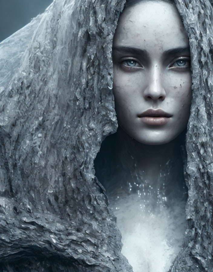 Pale-skinned woman with freckles and blue eyes in textured gray cloak.