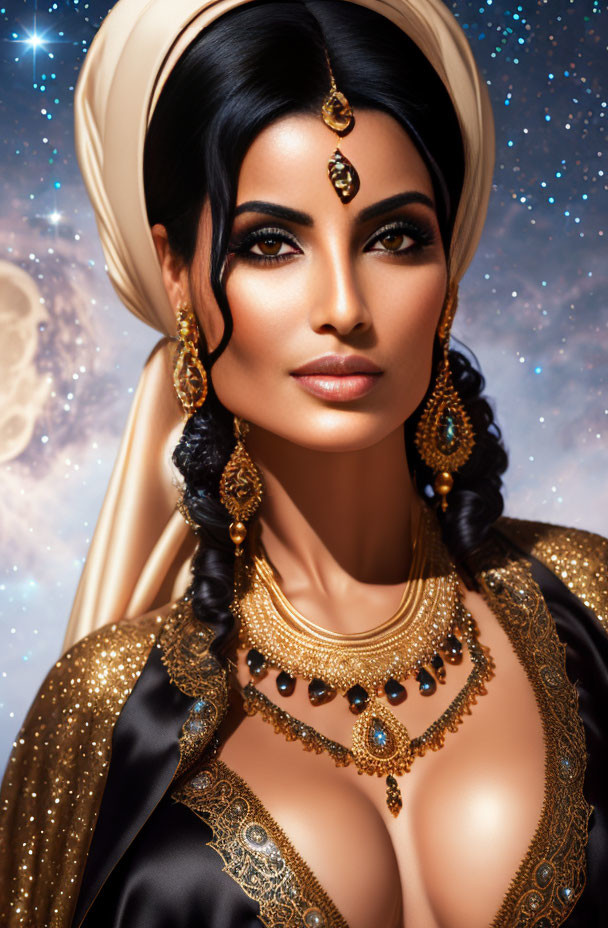 Luxurious woman in golden jewelry with cosmic backdrop