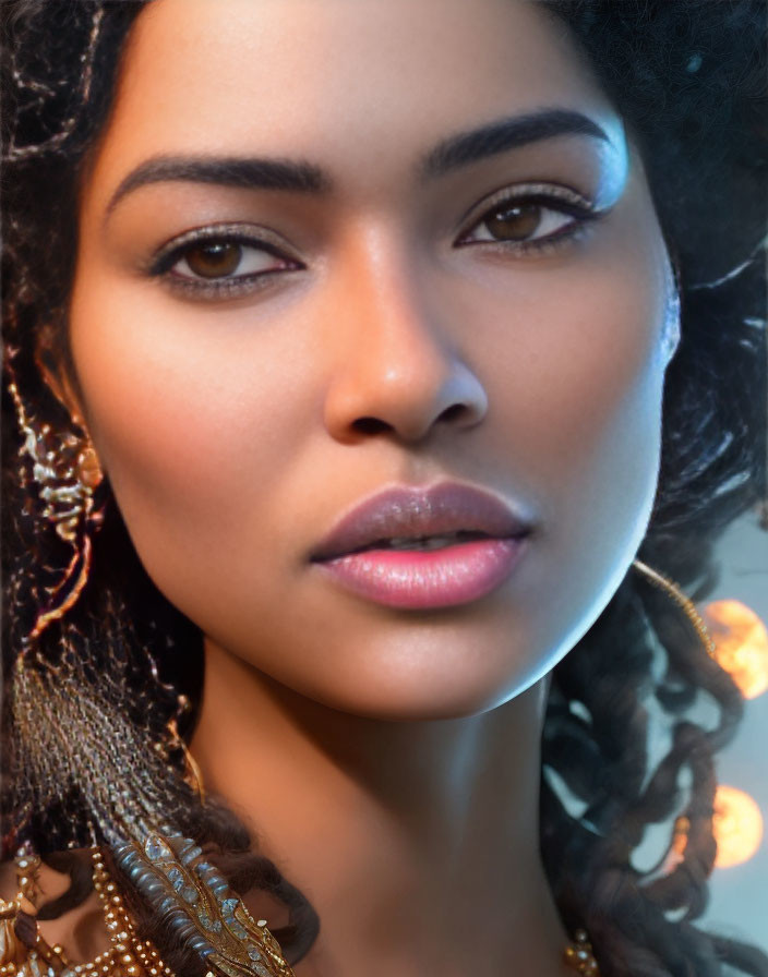 Portrait of Woman with Clear Skin, Full Lips, Dark Curly Hair, and Gold Jewelry on Soft