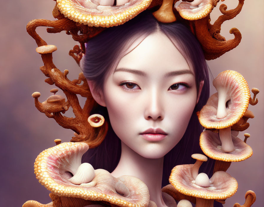Realistic digital artwork of woman with mushroom-adorned hair