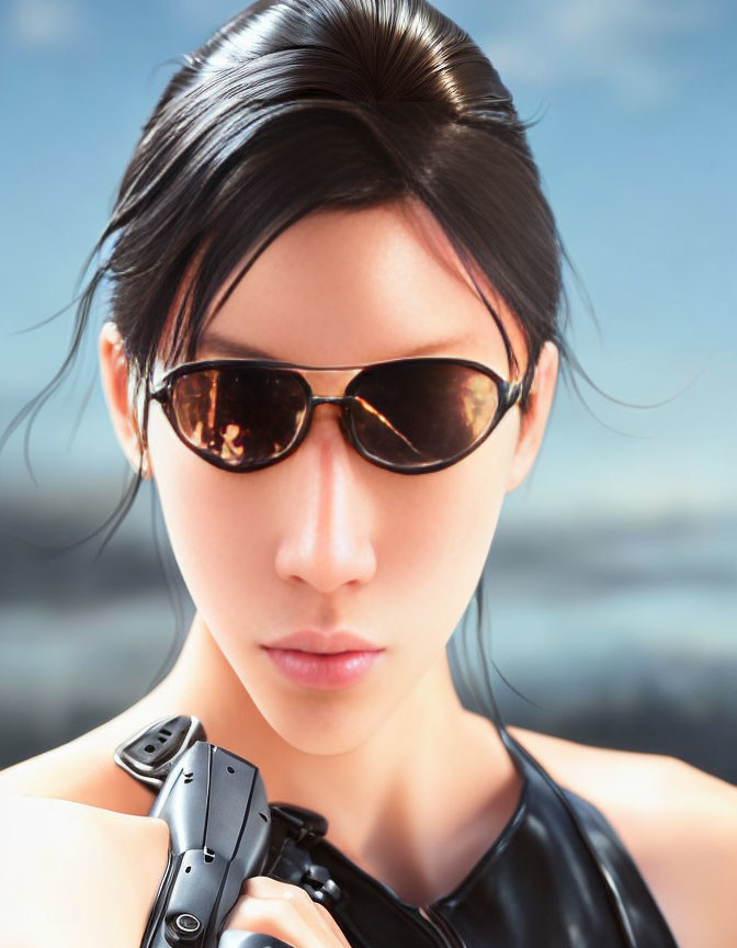 Cybernetic woman in aviator sunglasses with 3D rendering.