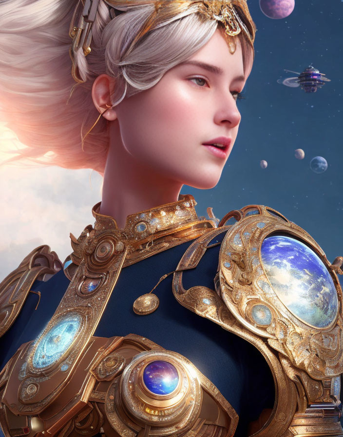 Digital art portrait of woman with white hair in celestial golden armor against sky with floating planets