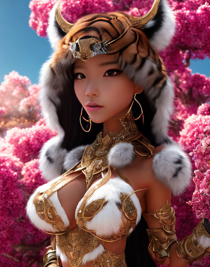Digital art: Woman in tiger-themed attire with gold jewelry, armor, amid pink blossoms