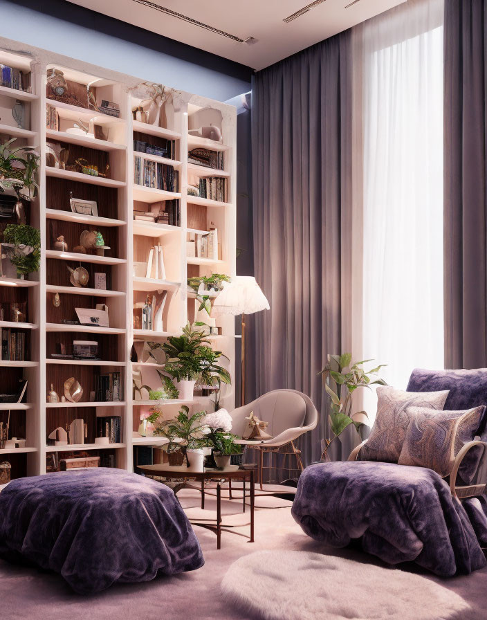 Serene Home Interior with Purple Chairs, White Sofa, Bookshelf, Plants