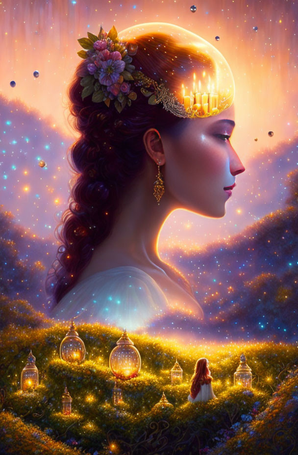 Profile of serene woman with floral crown and glowing halo in starry landscape.