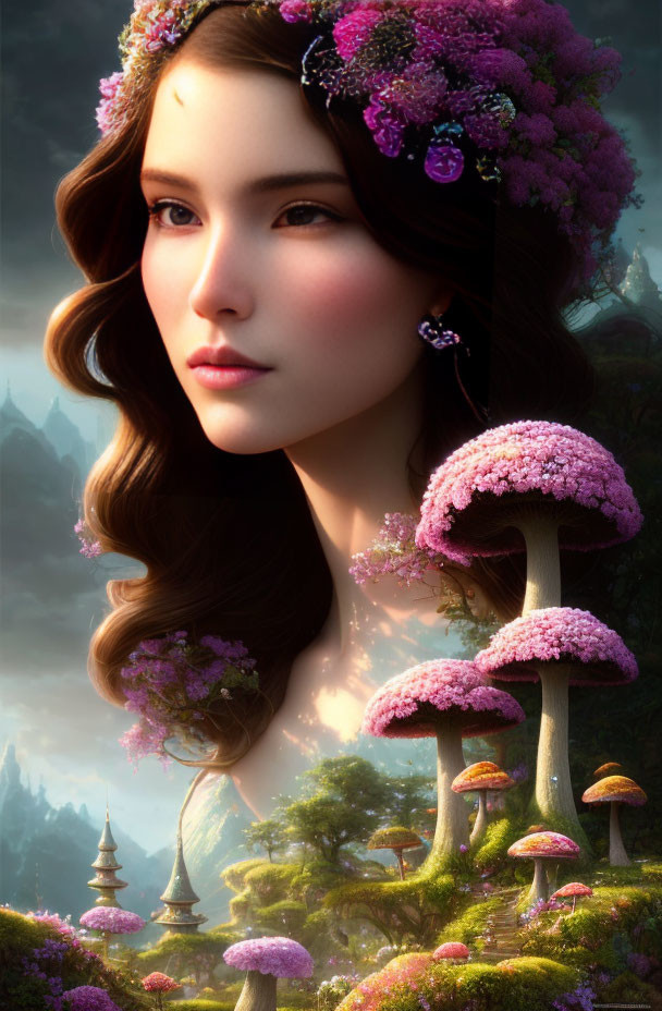 Woman with Flowers in Hair Among Pink Fantasy Mushrooms in Lush Landscape